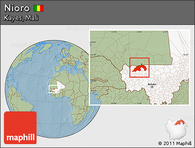 Savanna Style Location Map of Nioro, highlighted country, hill shading