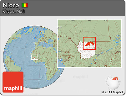 Savanna Style Location Map of Nioro, highlighted parent region, hill shading