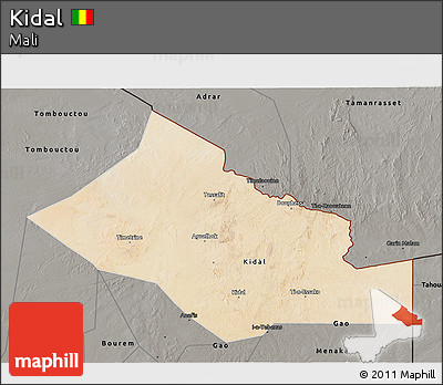 Satellite 3D Map of Kidal, darken, semi-desaturated