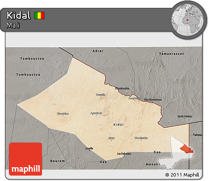 Satellite 3D Map of Kidal, darken, semi-desaturated