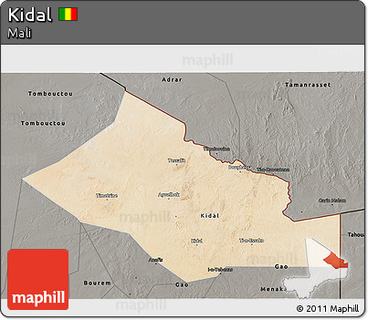 Satellite 3D Map of Kidal, darken, semi-desaturated