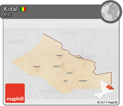 Satellite 3D Map of Kidal, lighten, desaturated
