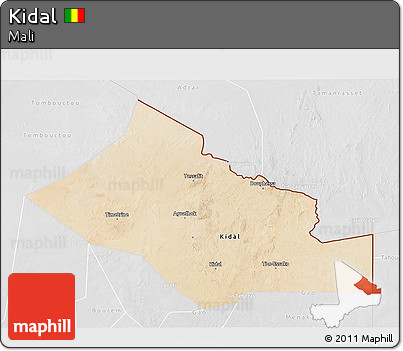 Satellite 3D Map of Kidal, lighten, desaturated