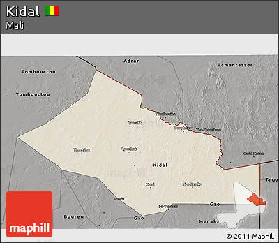 Shaded Relief 3D Map of Kidal, darken, semi-desaturated