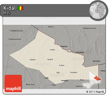 Shaded Relief 3D Map of Kidal, darken, semi-desaturated