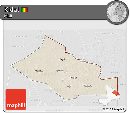 Shaded Relief 3D Map of Kidal, lighten, desaturated