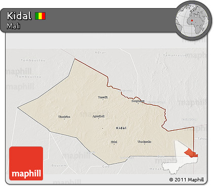 Shaded Relief 3D Map of Kidal, lighten, semi-desaturated
