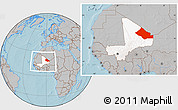 Gray Location Map of Kidal, highlighted country, within the entire country, hill shading