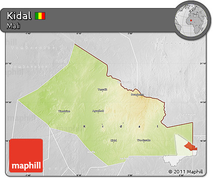 Physical Map of Kidal, lighten, desaturated