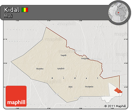 Shaded Relief Map of Kidal, lighten, semi-desaturated