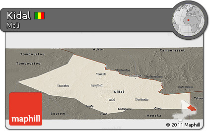 Shaded Relief Panoramic Map of Kidal, darken