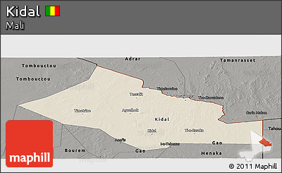 Shaded Relief Panoramic Map of Kidal, darken, semi-desaturated