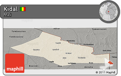 Shaded Relief Panoramic Map of Kidal, darken, semi-desaturated