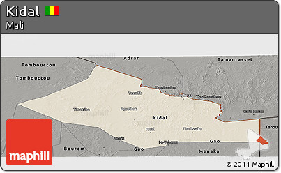 Shaded Relief Panoramic Map of Kidal, darken, semi-desaturated
