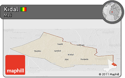 Shaded Relief Panoramic Map of Kidal, lighten, desaturated