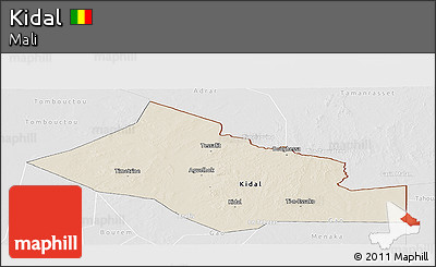 Shaded Relief Panoramic Map of Kidal, lighten, desaturated