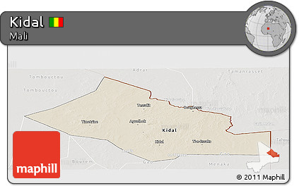Shaded Relief Panoramic Map of Kidal, lighten, semi-desaturated