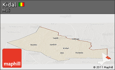 Shaded Relief Panoramic Map of Kidal, lighten, semi-desaturated