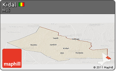 Shaded Relief Panoramic Map of Kidal, lighten, semi-desaturated