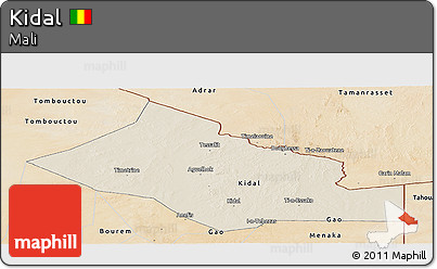 Shaded Relief Panoramic Map of Kidal, satellite outside