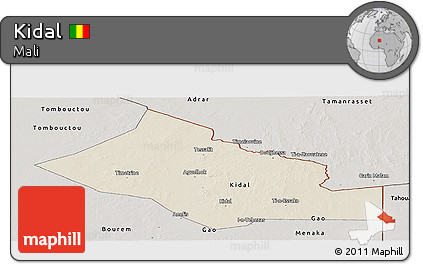 Shaded Relief Panoramic Map of Kidal, semi-desaturated