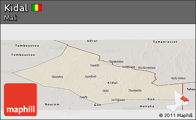 Shaded Relief Panoramic Map of Kidal, semi-desaturated