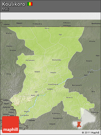 Physical 3D Map of Koulikoro, darken, semi-desaturated