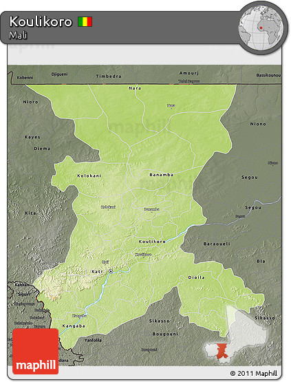 Physical 3D Map of Koulikoro, darken, semi-desaturated
