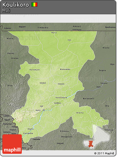 Physical 3D Map of Koulikoro, darken, semi-desaturated
