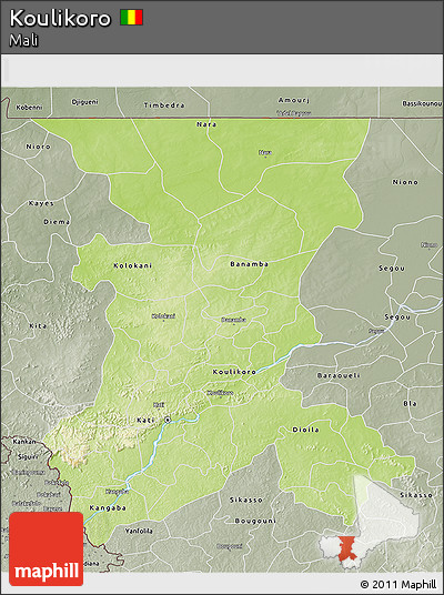 Physical 3D Map of Koulikoro, semi-desaturated