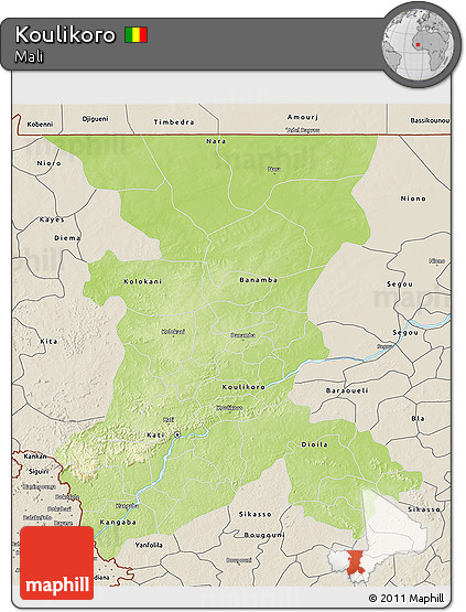Physical 3D Map of Koulikoro, shaded relief outside
