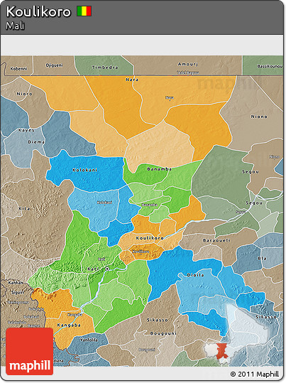 Political 3D Map of Koulikoro, semi-desaturated