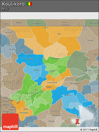 Political 3D Map of Koulikoro, semi-desaturated