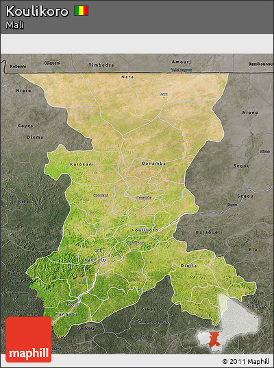 Satellite 3D Map of Koulikoro, darken, semi-desaturated