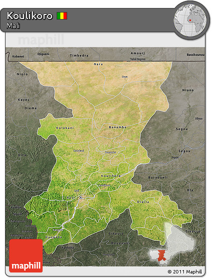 Satellite 3D Map of Koulikoro, darken, semi-desaturated