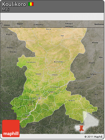 Satellite 3D Map of Koulikoro, darken, semi-desaturated