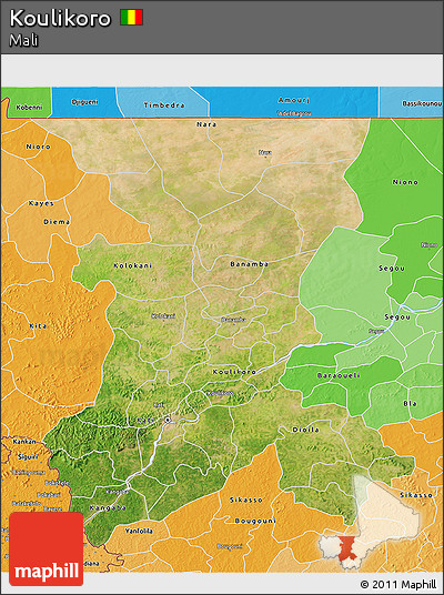 Satellite 3D Map of Koulikoro, political shades outside