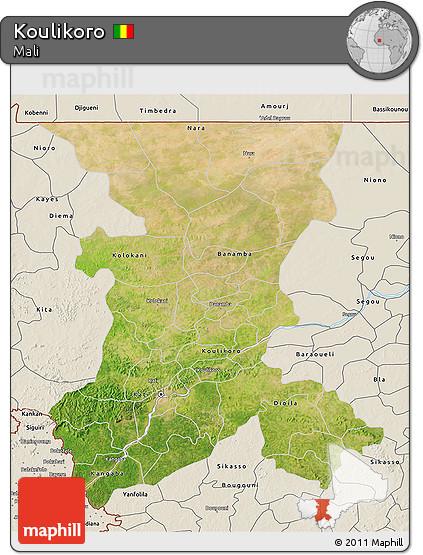 Satellite 3D Map of Koulikoro, shaded relief outside