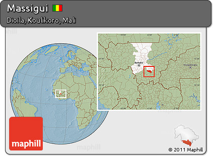 Savanna Style Location Map of Massigui, highlighted grandparent region, hill shading