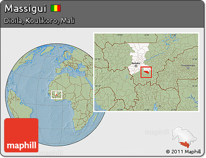 Savanna Style Location Map of Massigui, highlighted grandparent region, hill shading