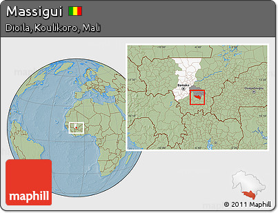 Savanna Style Location Map of Massigui, highlighted parent region, highlighted grandparent region, hill shading