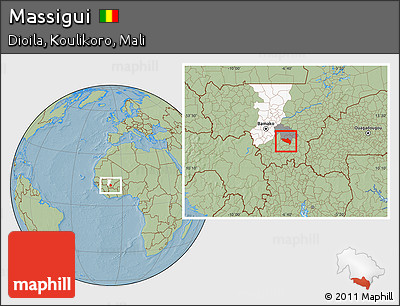 Savanna Style Location Map of Massigui, highlighted parent region, highlighted grandparent region, hill shading