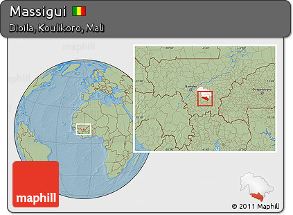 Savanna Style Location Map of Massigui, highlighted parent region, hill shading