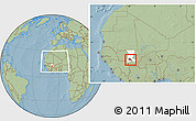 Savanna Style Location Map of Baguineda, highlighted grandparent region, within the entire country, hill shading
