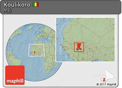 Savanna Style Location Map of Koulikoro, within the entire country, hill shading