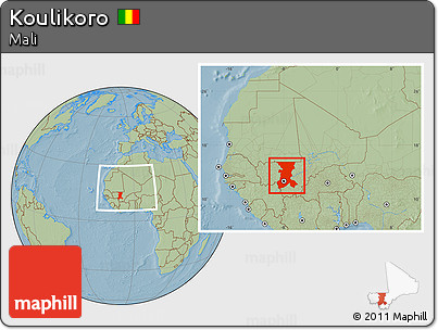 Savanna Style Location Map of Koulikoro, within the entire country, hill shading