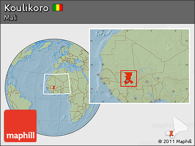 Savanna Style Location Map of Koulikoro, within the entire country, hill shading