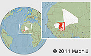 Savanna Style Location Map of Koulikoro, highlighted country, within the entire country, hill shading