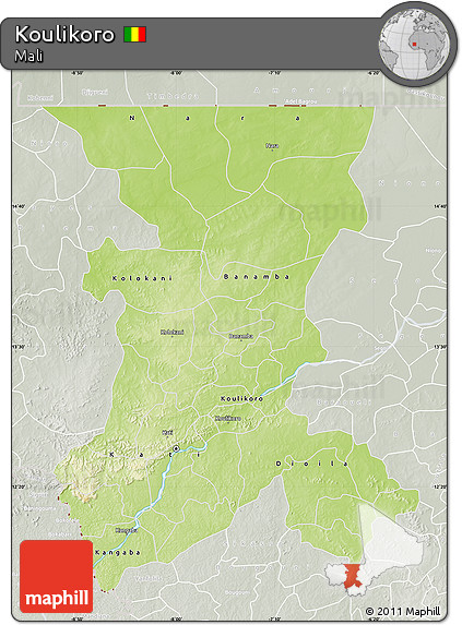 Physical Map of Koulikoro, lighten, semi-desaturated