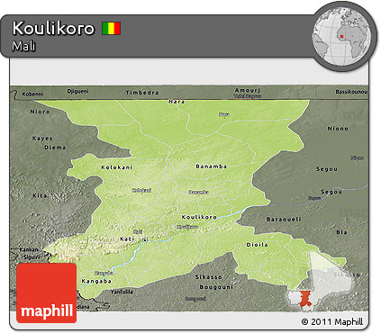 Physical Panoramic Map of Koulikoro, darken, semi-desaturated